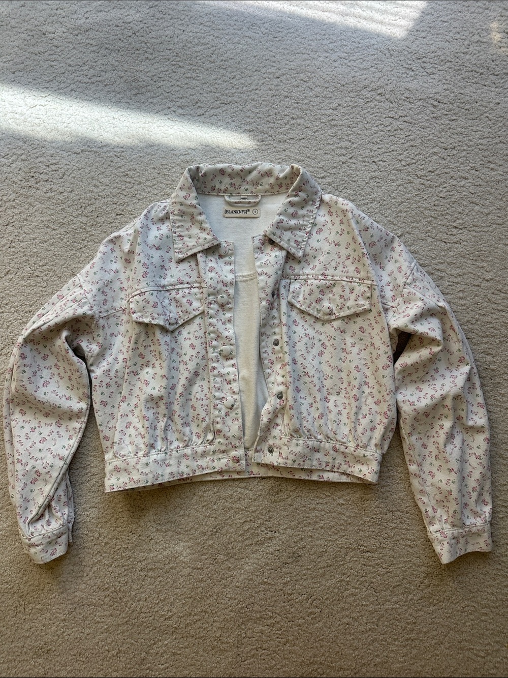 Blank NYC Cream Floral Cropped Jean Jacket